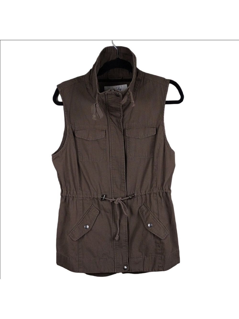 Shebby Brown Funnel Neck Sleeveless Zipper Snap Front Mid Length Utility Vest